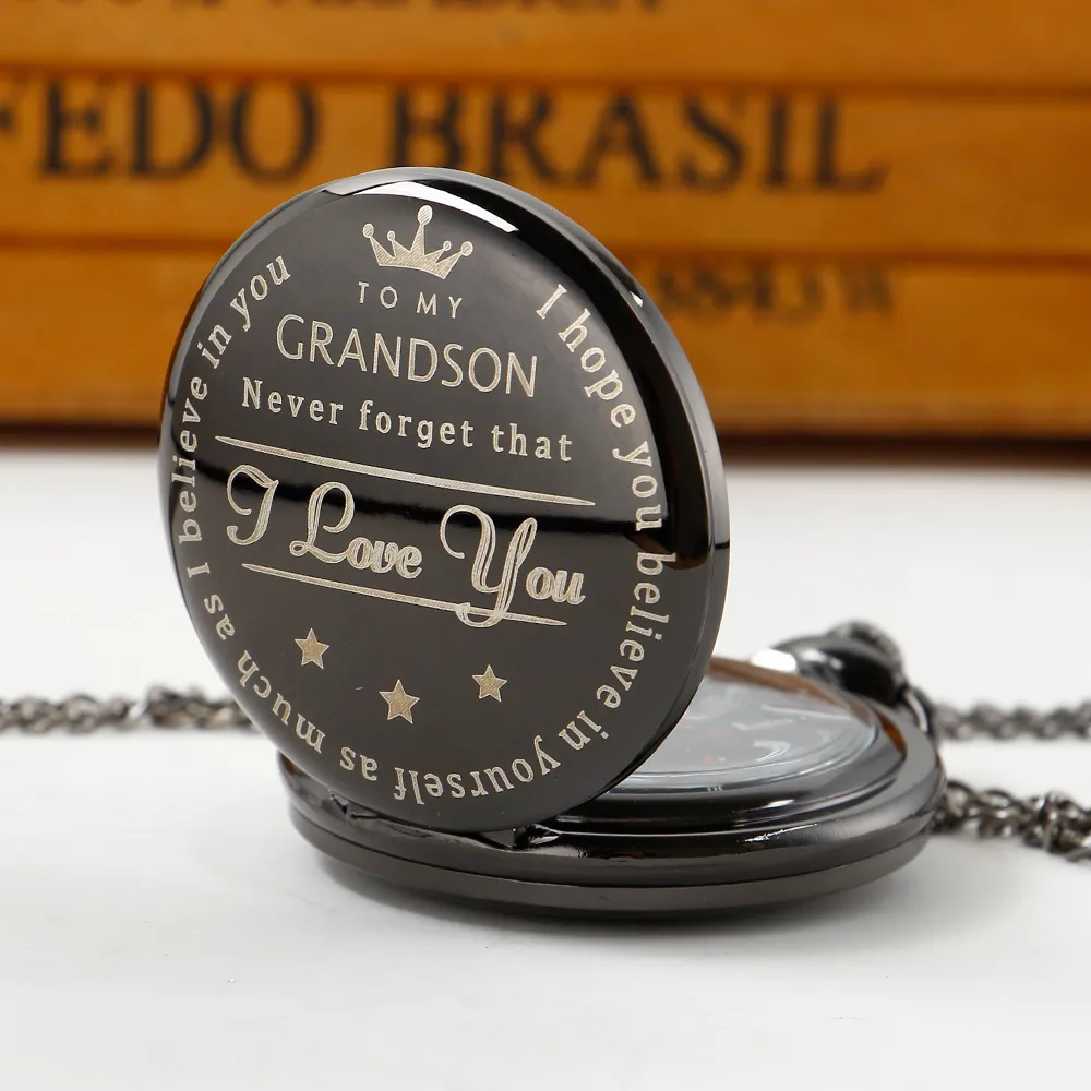 Engraved Quartz Pocket Watch Necklace: Timeless Elegance for Grandsons