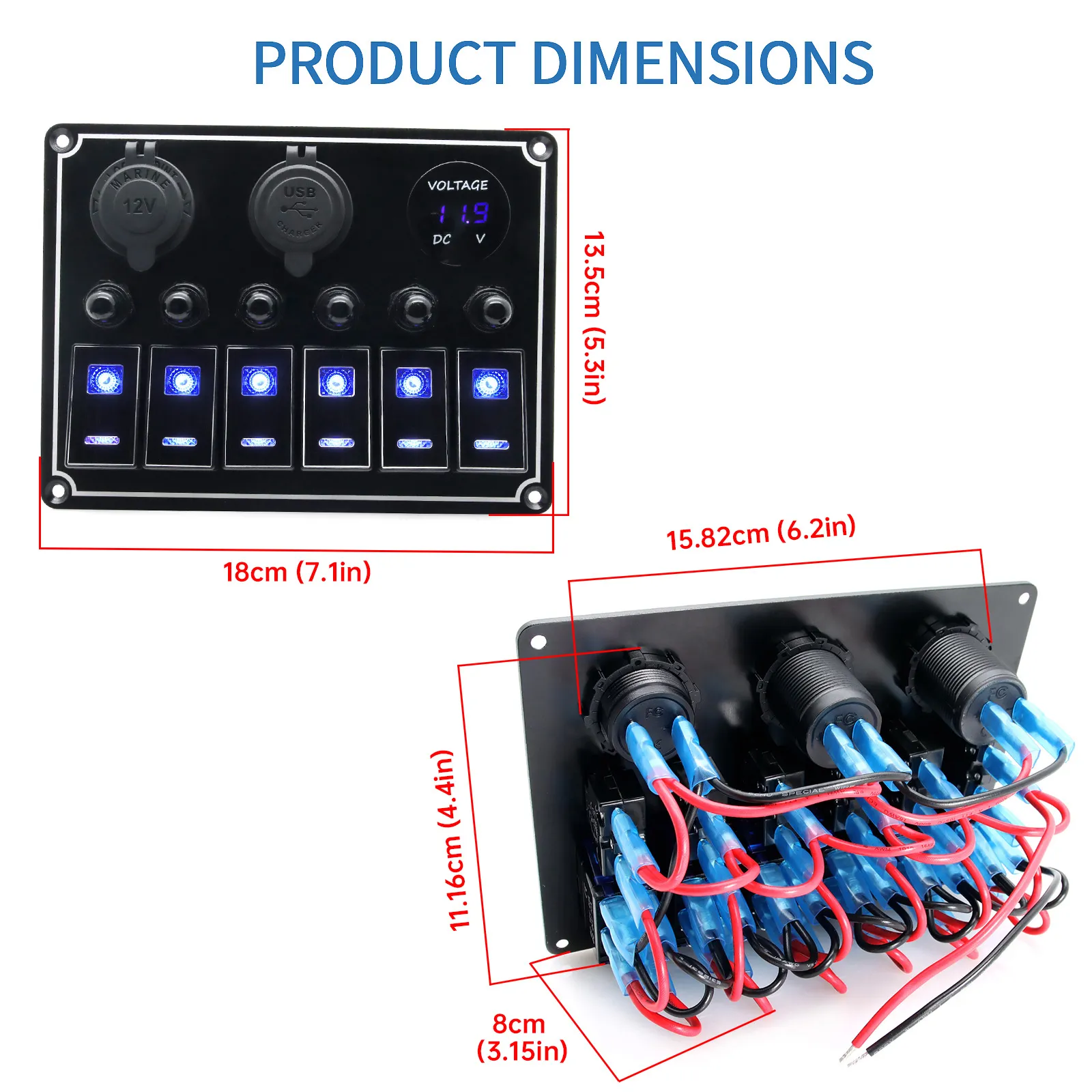 Gfci Outlet 5 Gang Rocker Switch Aluminum Panel With 4.8 Amps Dual USB Rocker Style Fast Charger With Voltmeter Blue Backlit Led Pre-Wired For Marine Boat RV Truck (Blue Usb Switch