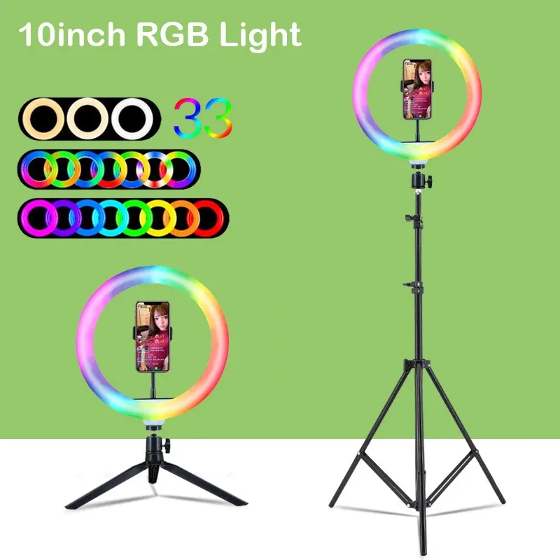 Lumières 10 pouces 26cm RGB Ring Light Trépied LED Round lampe Selfie Stick Trépied avec stand RVB 15 couleurs Video Light for YouTube