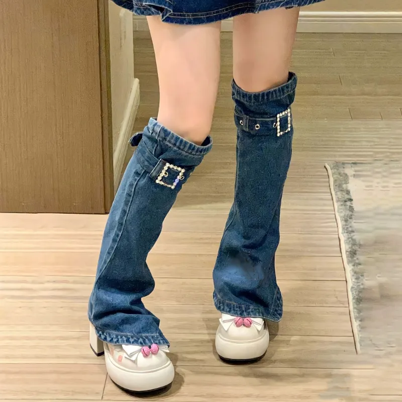 Harajuku Vintage Denim gaters Wemprers Женщины готические стразы Защиты