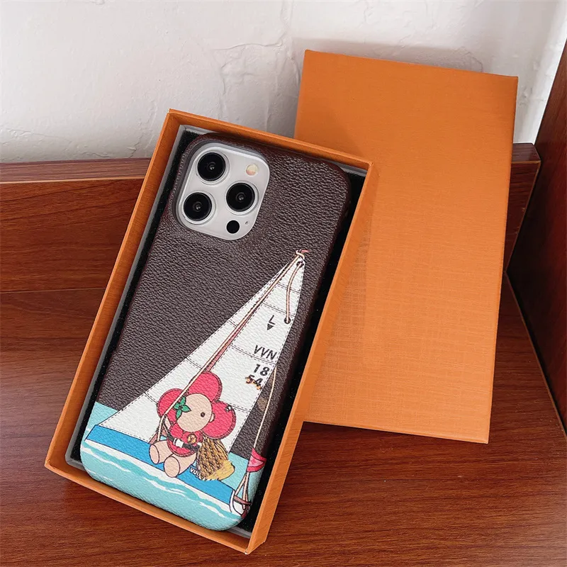 Modedesigner Telefonfodral för iPhone 15 15Pro 14 14Pro 13 13Pro 12 Pro Max 11 Läder Solrosmönster Lyxig telefonfodral med låda med låda