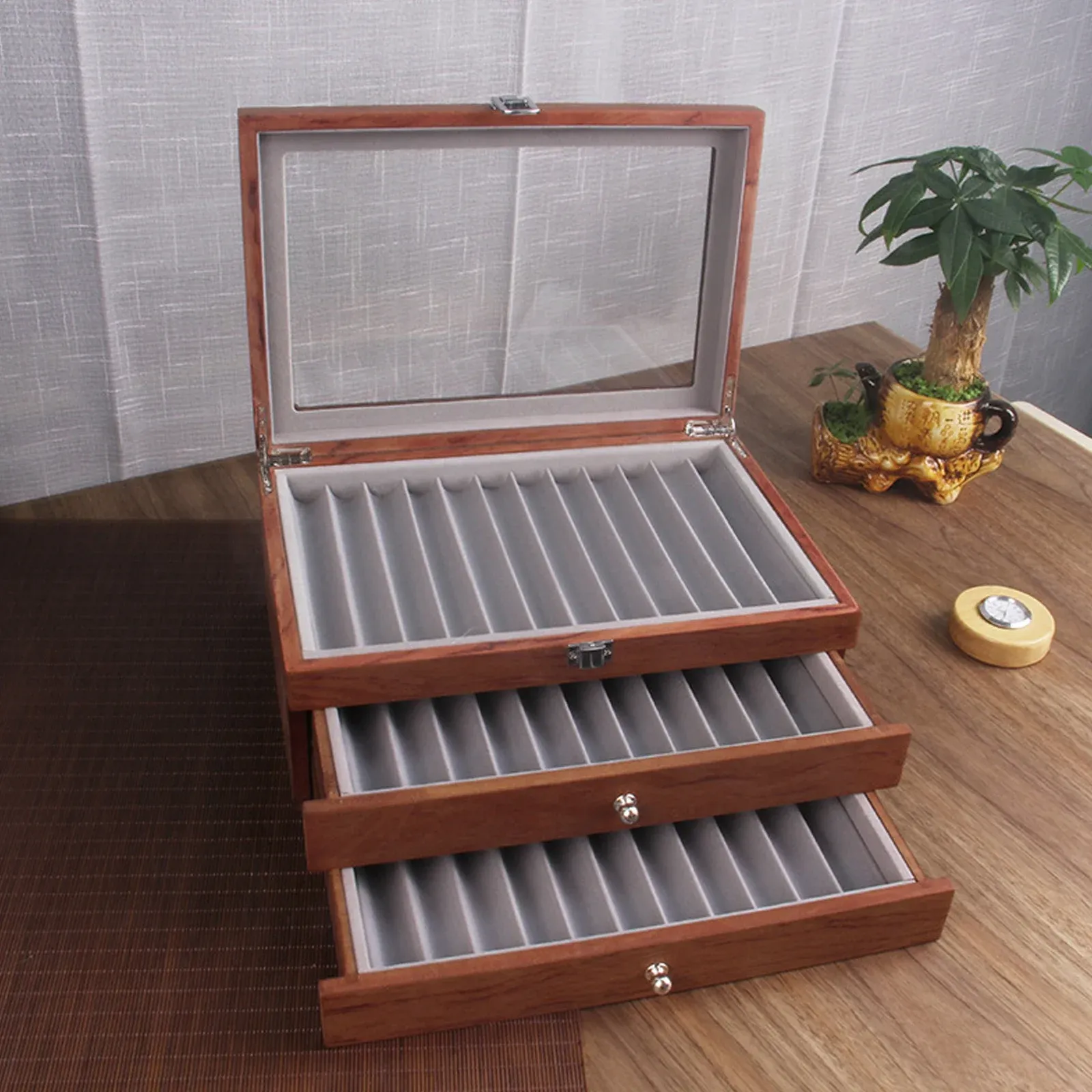 Houten fontein pen verzamelaar met 3 lagen pen display doos 34 pen organisator doos pennen weergavekas opslag organizer met glas