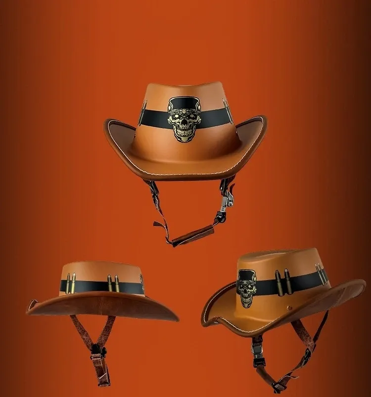 cowboy hat motorcycle helmet Classic Western Brown Genuine Leather Unisex – MARA Leather Cowboy Hat for Motorcycle Helmet