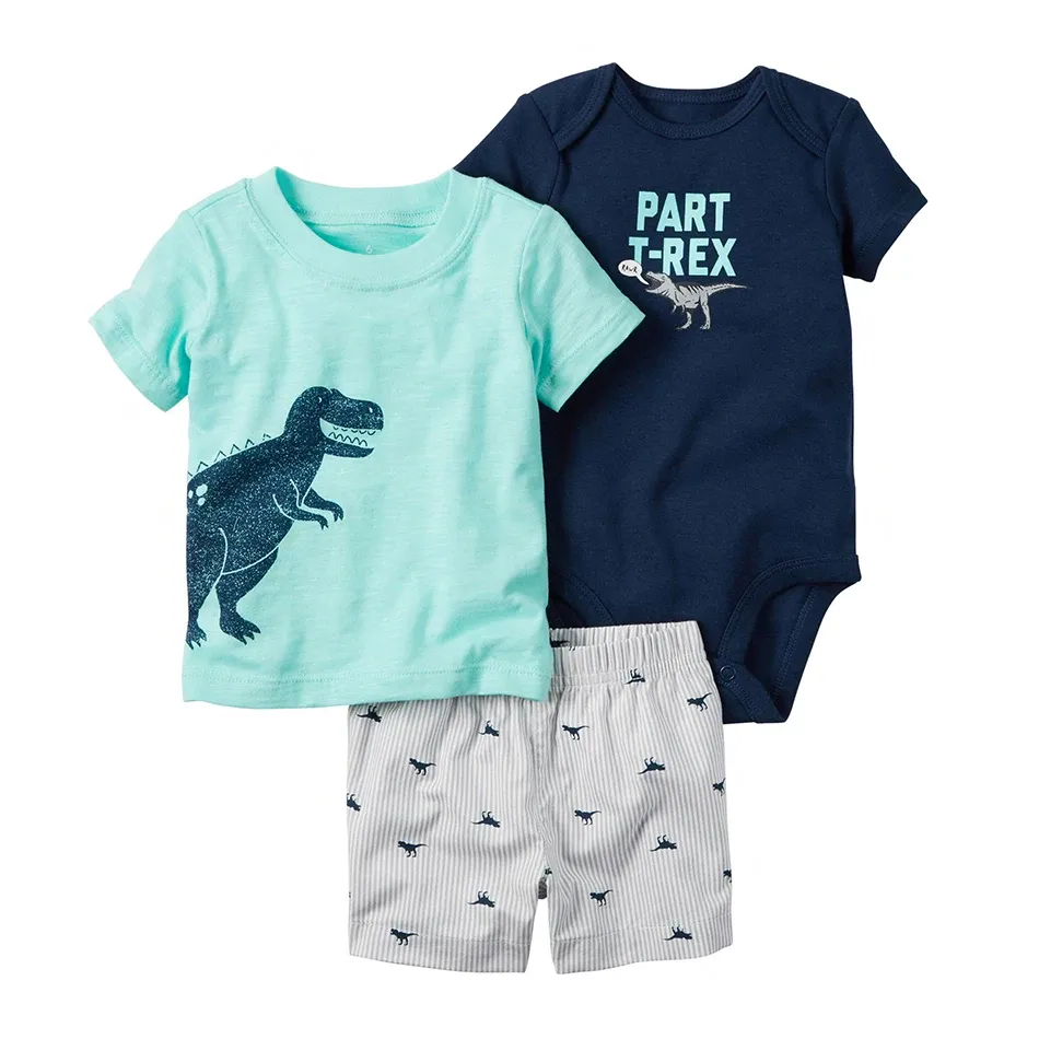 summer baby boy girl clothes Set newborn clothing o-neck Cartoon dinosaur T-shirt+shorts+romper infant outfits new born costume