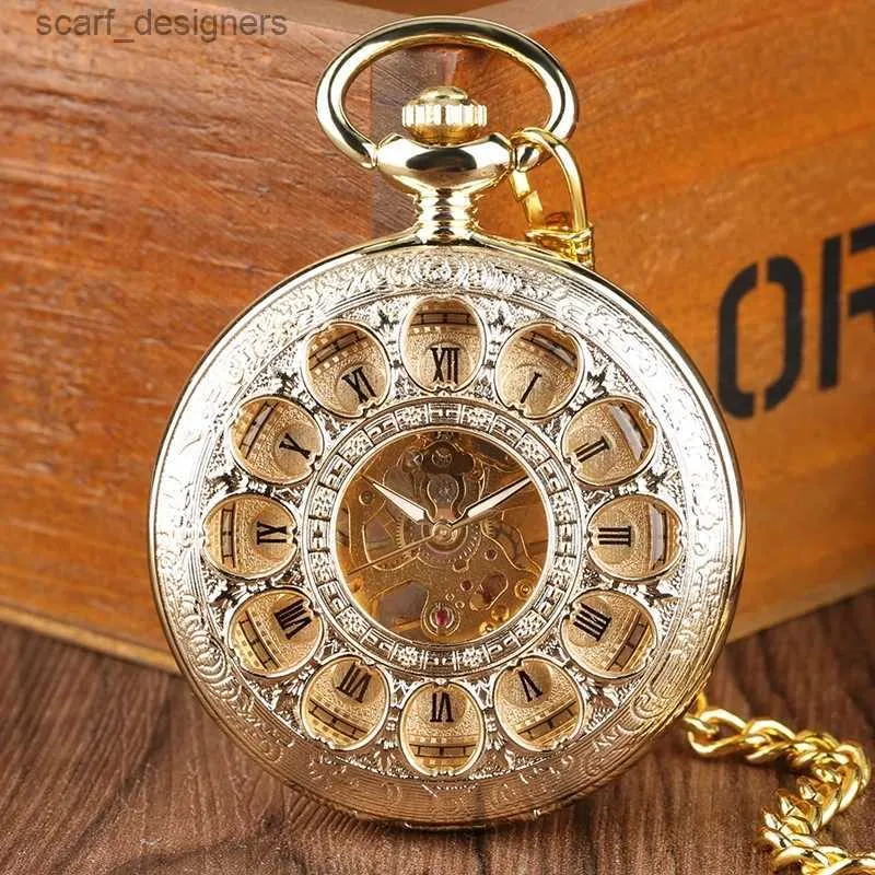 Pocket horloges luxe goud mechanische zak holle skelet handwikkeling roestvrijstalen hanger keten sieraden klokken klok voor mannen vrouwen y240410