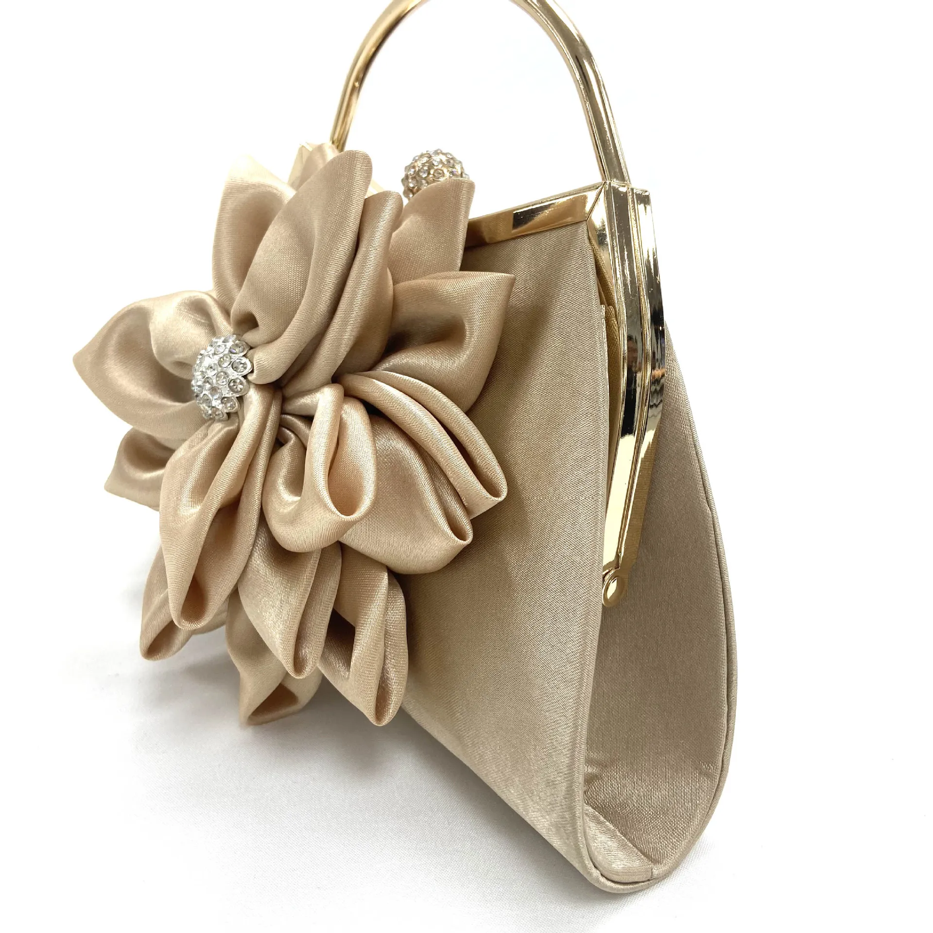 Brown tweed clutch w Gold-trim, Crystal Flower. Bag is sturdy and structured. Elegant Rose Flower Crystal Clutch Evening Bags for Women  main image 2