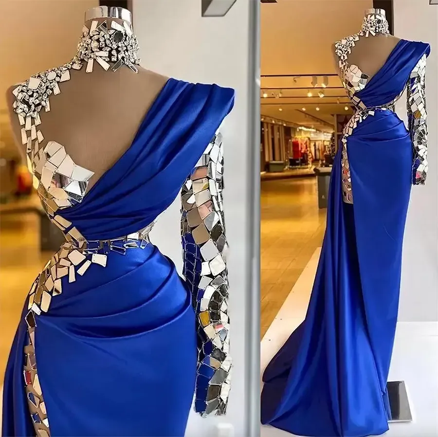 Royal Blue Beaded Crystal African Dresses Luxurious Aso Ebi Mermaid Prom Dress One Long Sleeve Formal Evening Party Gowns Split Floor Length