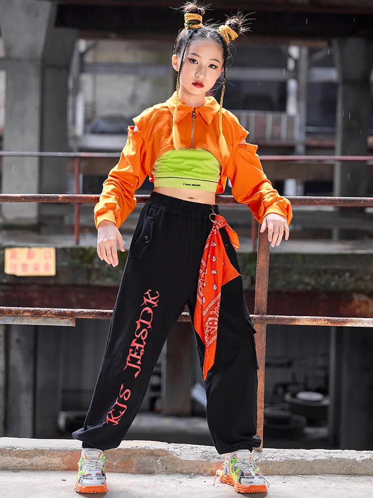 Girls Jazz Dance Clothes Kids Streetwear Orange Hip-Hop Suit Long Sleeves Tops Loose Pants Modern Dance Performance Wear BL9464