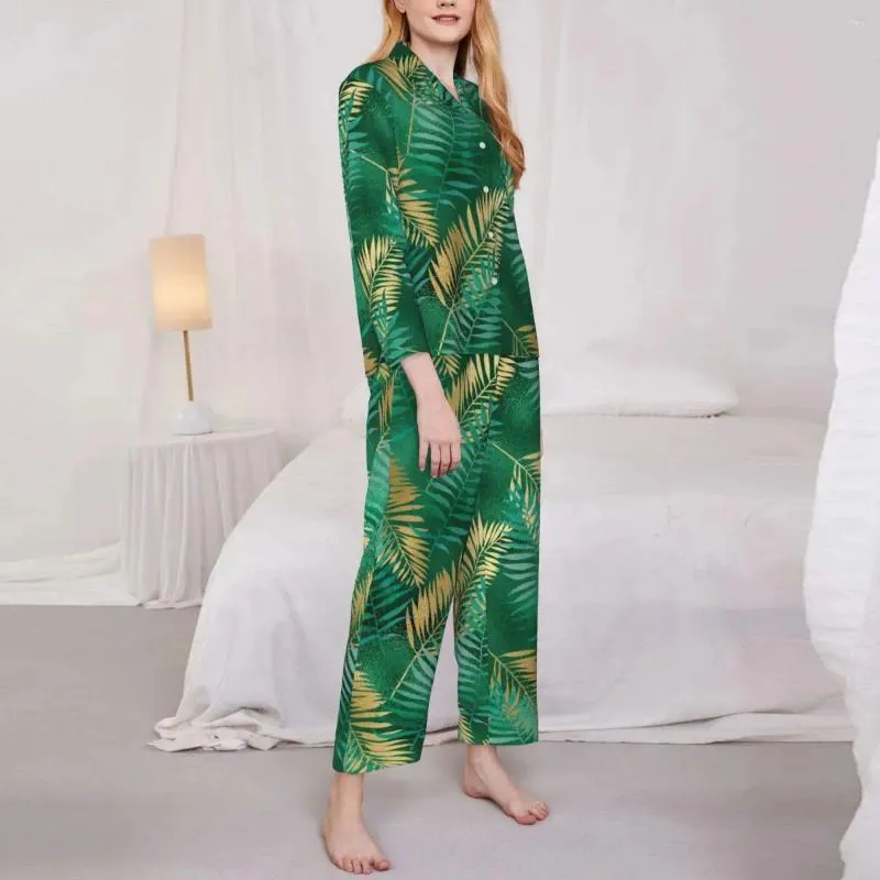 Home Vêtements Green Palm Leaf Pyjamas Lady Golden Jungle Imprimé belle pièce de nuit