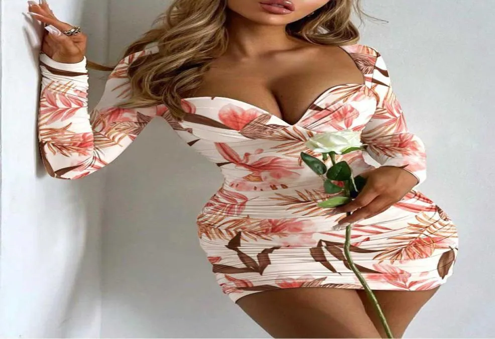 Повседневные платья сексуальные глубокие v Neck с низким разрешением с длинным рукавом Bodycon Mini платье лето женщины с цветочным принтом ночная клуба vestidos wdc9730ca5983129