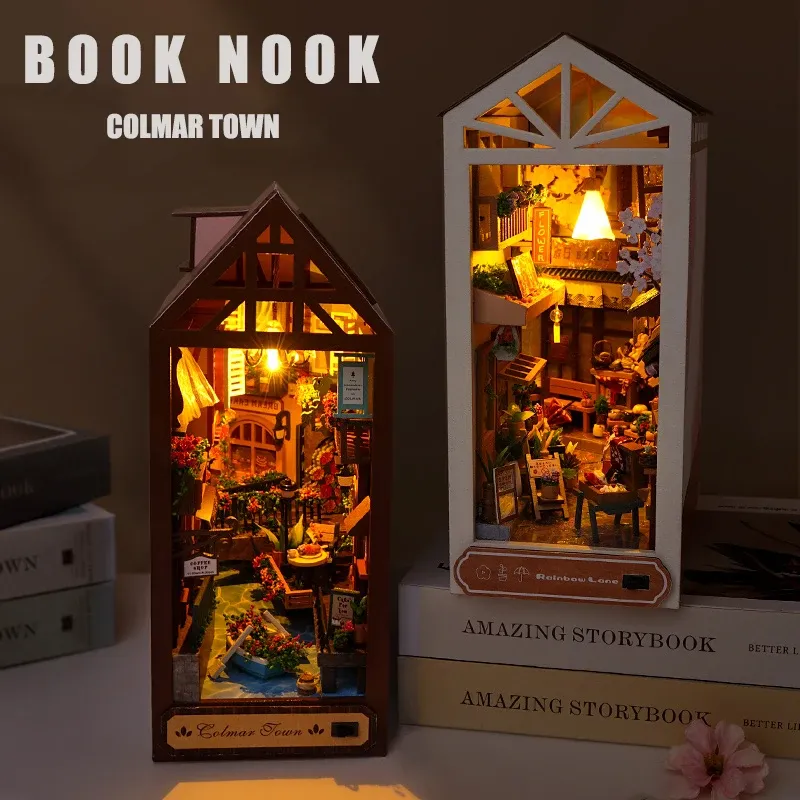 DIY Holzpuppenhaus Colmar Town Model Buch Nook Buchhandbuch Miniatur mit Möbeln Kit Spielzeug Kindermädchen Erwachsene Geschenk Casa