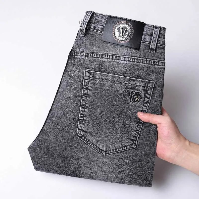 High End denim Mens 2024 Spring New Light Luxury Cotton Elastic Loose Straight Grey Pants