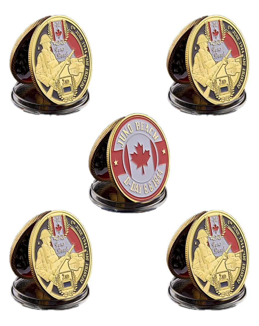 5pcs Dday Normandie Juno Beach Militärhandwerk Kanadische 2rd Infanterie Division Gold Plated Memorial Challenge Coin Collectibles9317326