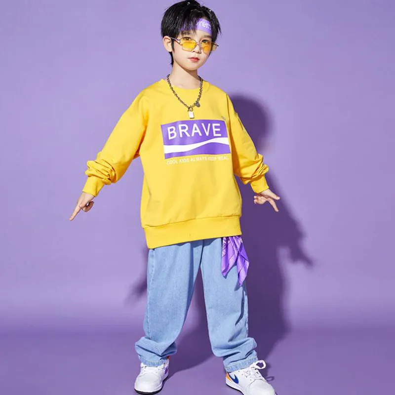DHgate.com:Vibrant Yellow Kids Hip Hop Streetwear Outfit