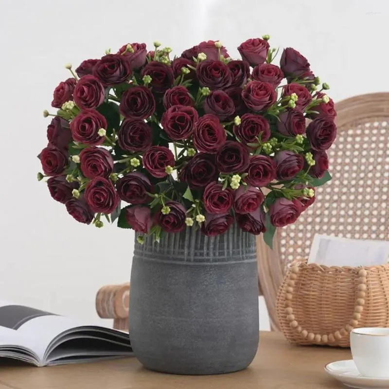 Dekorative Blumen Faux Blumendekoration Realistischer künstlicher Rosenzweig mit STEM 10 Kopfblume für Home Wedding Party wiederverwendbar