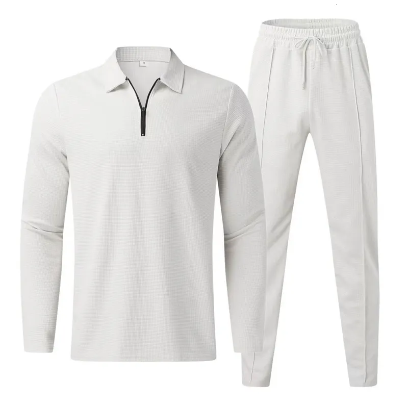 Zomer mode Solid Color Long Sleeve T-Shirt Suit Mens Casual Loose Comfortabele hoogwaardige sport Tweedelige set 240411