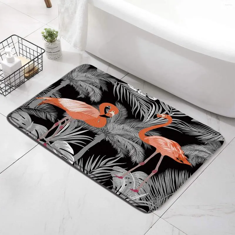 Badmattor Flamingo Palm Tree Mat Tropical Jungle Leaf Animal Landscape Dusch Flanell Anti Slip Foot Rug Badrumstillbehör