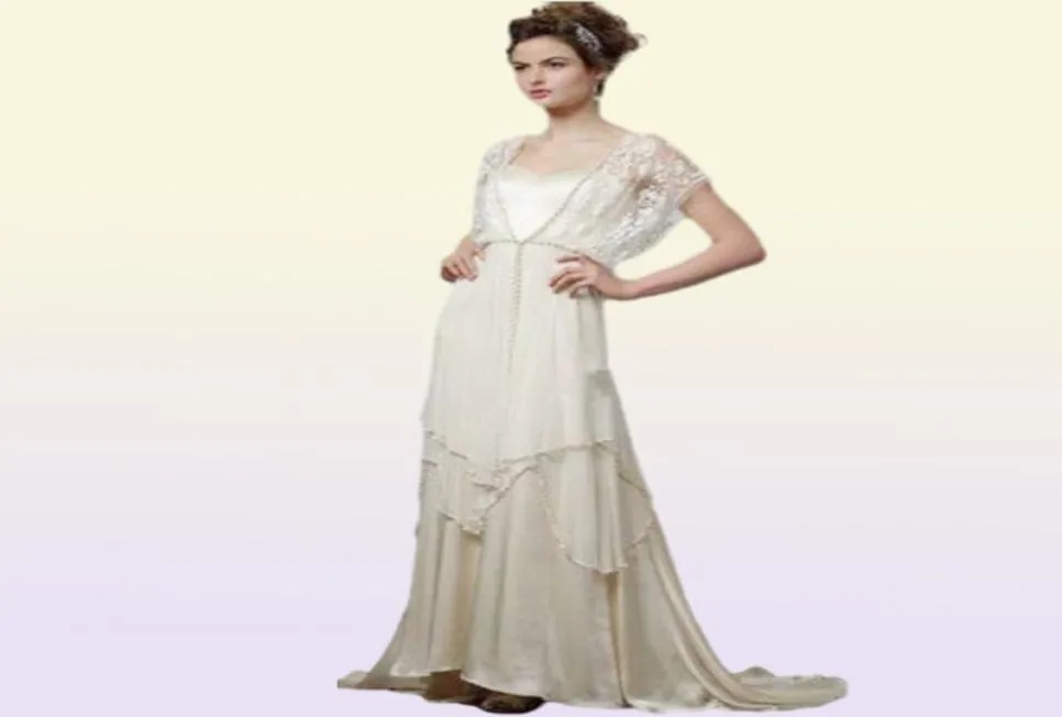 Vintage Ivory 1920s Robes de mariée avec manches Catherine Deane Lita Modest Fairy Lace Mariffon Vneck Full Longueur 2019 Bridal Gow4359906