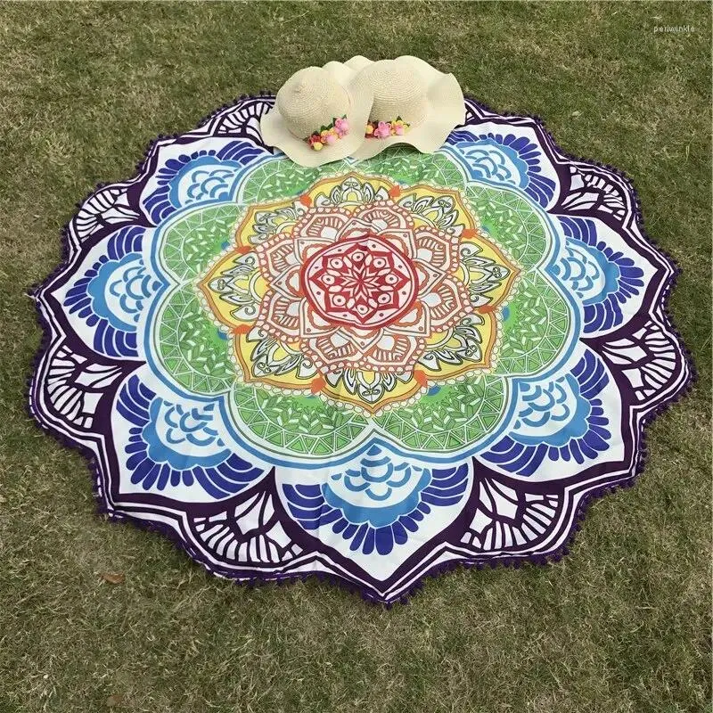 Tapestries Polyester Chic Tassel Mandala Tapestry Lotus Printed Bohemian Beach Mat Yoga Sunblock Round Bikini Cover-Up Blanket