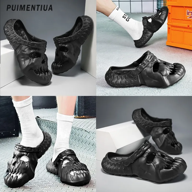 Punk crâne de conception de style pantoufles d'été Nouveaux hommes personnalisés en plein air diapositives de plage épaisse de plage de plage sandales chaussures de jardin