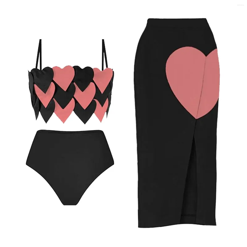 Damenbadebekleidung 3 -teiliges Badeanzug mit Schürze bedeckt Strandrock und 2 Love Print Bikini BH Set Schwimmstöcke Ernte