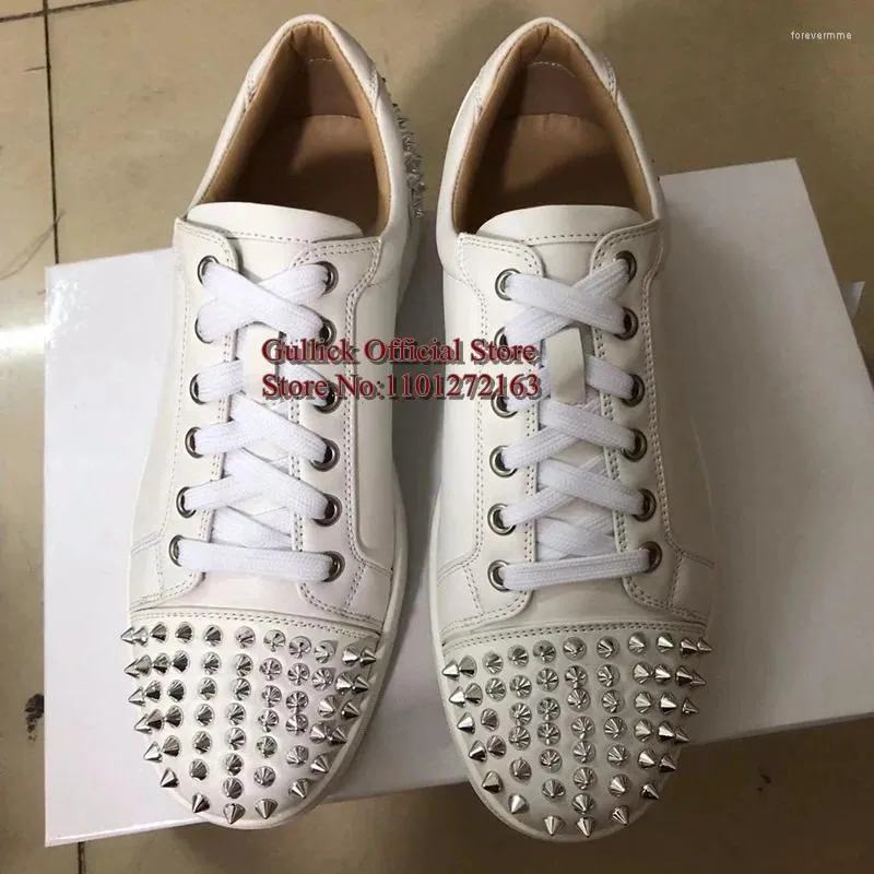 Casual Shoes White Leather Rivets Mens Low Top Lace Up Rubber Sole Flat Men Spikes Size47 Outside Leisure For Man