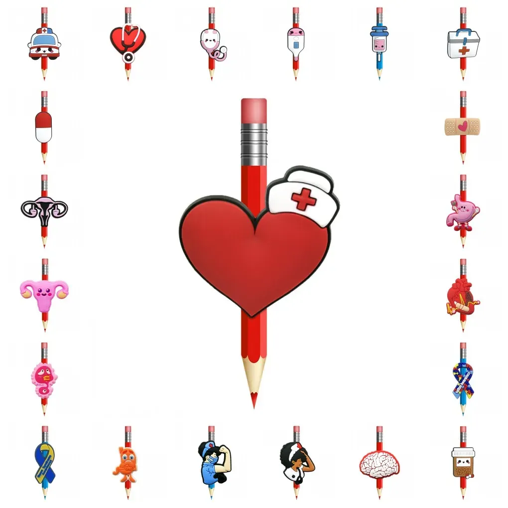 Täck 50st medicinsk stetoskop pvc penna cover hjärt blyertspenna toppar kepsar tecknad halm charm lärare student stationer grossist