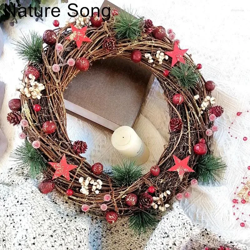 Flores decorativas Christmas Wreath Door Natural Pinecone Garland inverno decoração rústica feita artesanal cinco estrelas e bagas