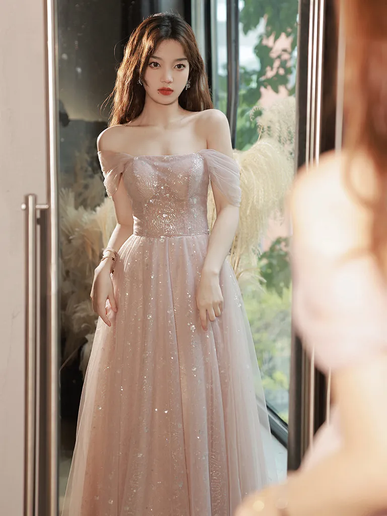 Pink A-line Tulle Bridesmaid Dress Strapless Off Shoulder Floor-Length  Evening Gown for Quinceanera from Dhgate Quinceanera Dresses - price 102.51