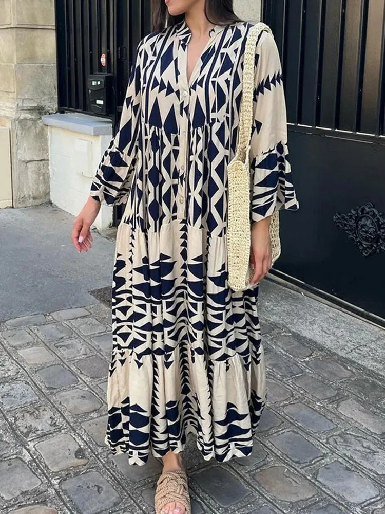 Casual Floral Print Basic O Neck Long Dresses