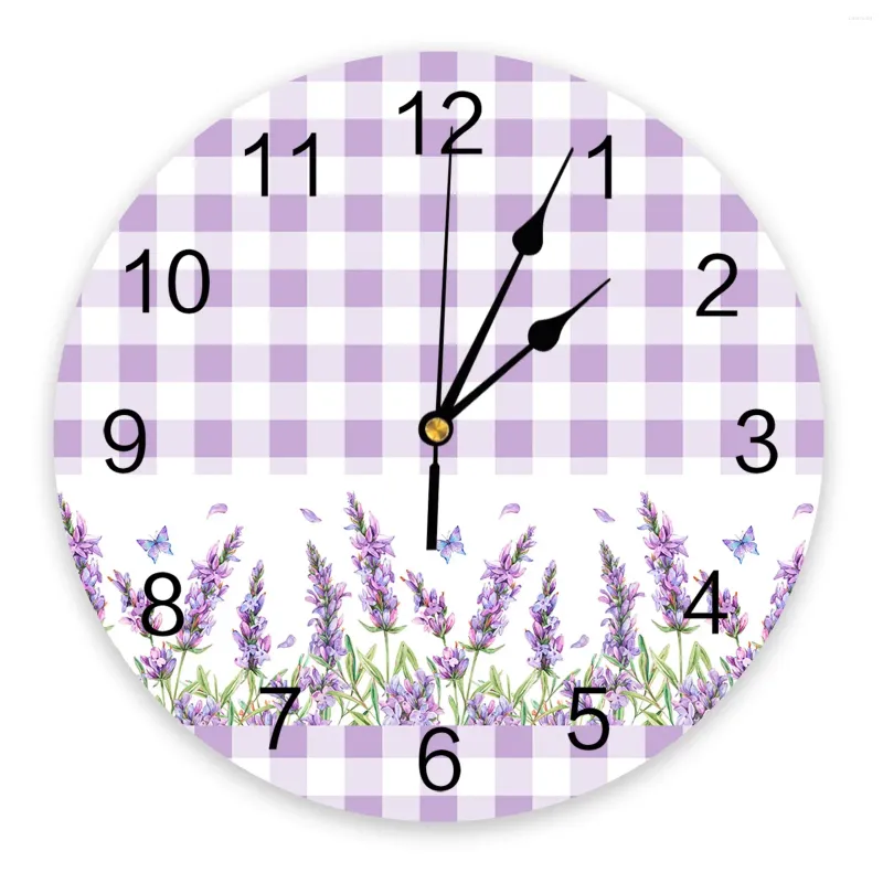 Horloges murales pourpre lavande fleur papillon plaid grand enfants chambre silencieuse chute de bureau décor 10 pouces cadeau de suspension