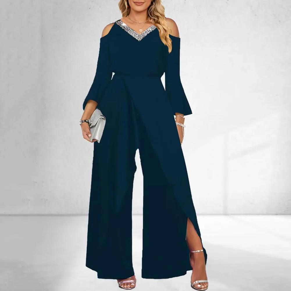Sequined V-neck Flared Long Jumpsuit: Elegant Ladies Night