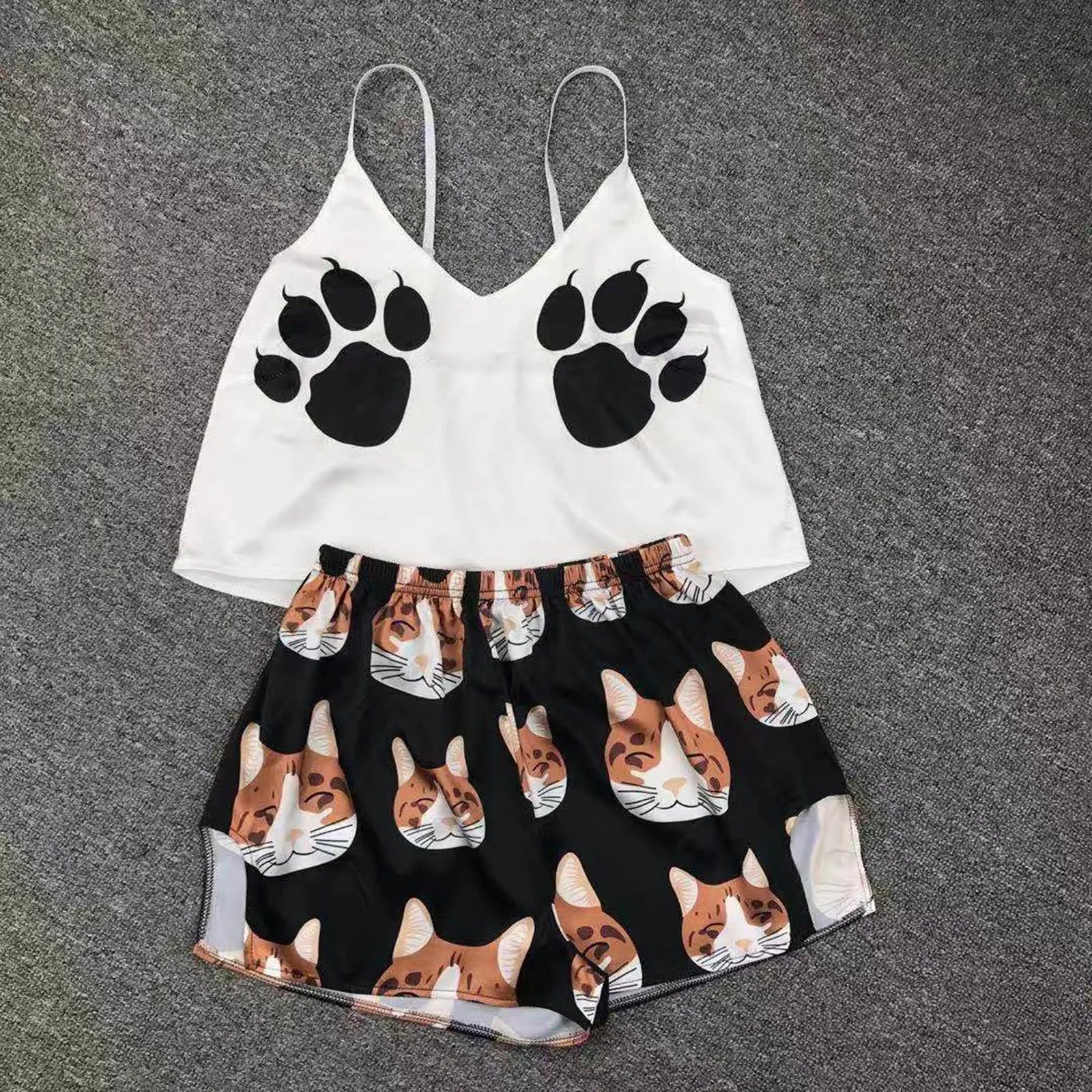 Cat Head Hands Print Summer Sleepwear Satin Silk Sexy Pyjamas Women Spaghetti Strap V Neck Silk Pajama Loose Home Wear 2023