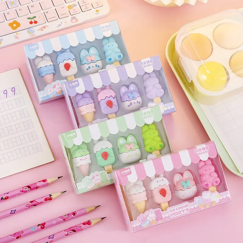 Eraser 8 box/lot Kawaii Ice Cream Rabbit Eraser Cute Writing Drawing Rubber Pencil Eraser Stationery Kids Gifts School Office Supply