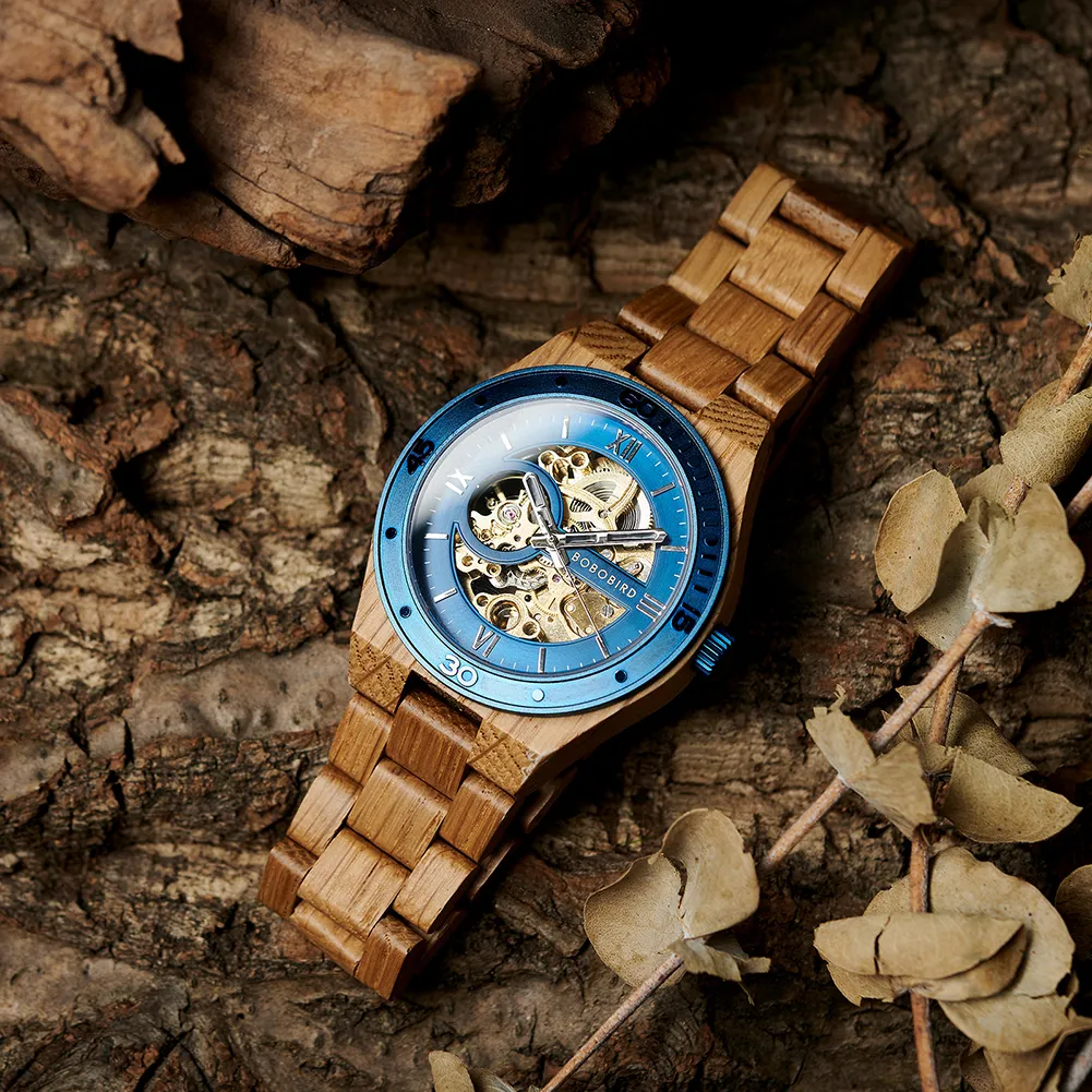 Bobo Bird Luxury Men's Automatic Mechanical Watch, Combineren van hout en legering, ondersteuning op maat gemaakte drop -verzending