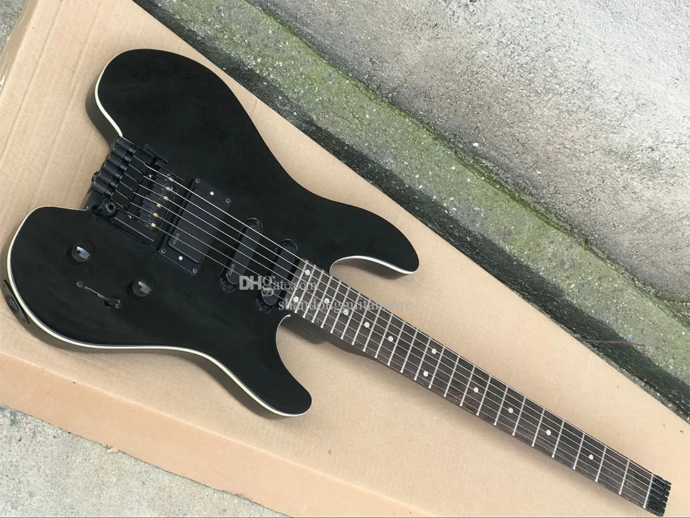 Black 6 Strings Headless Electric Guitar with Special Bridge,Body Binding,Offer Logo/Color Customize