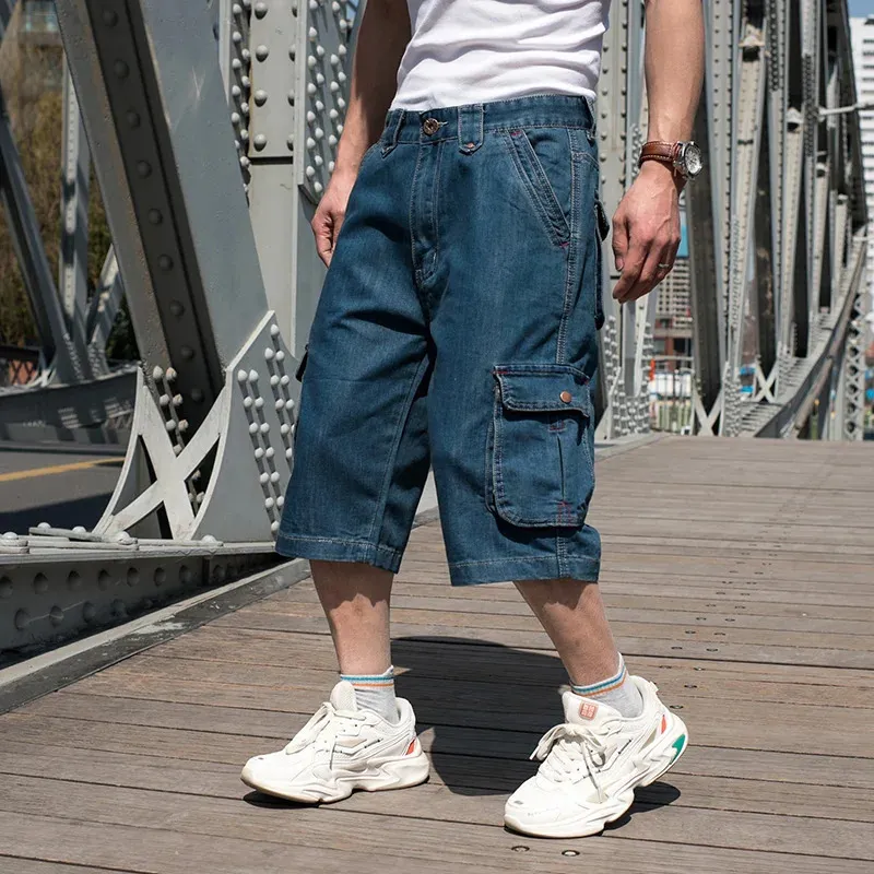 Summer Denim Cargo Cropped calça grande bolso masculino Hip Hop Loose Plus Fat Plus Size Jean Short Male 240329