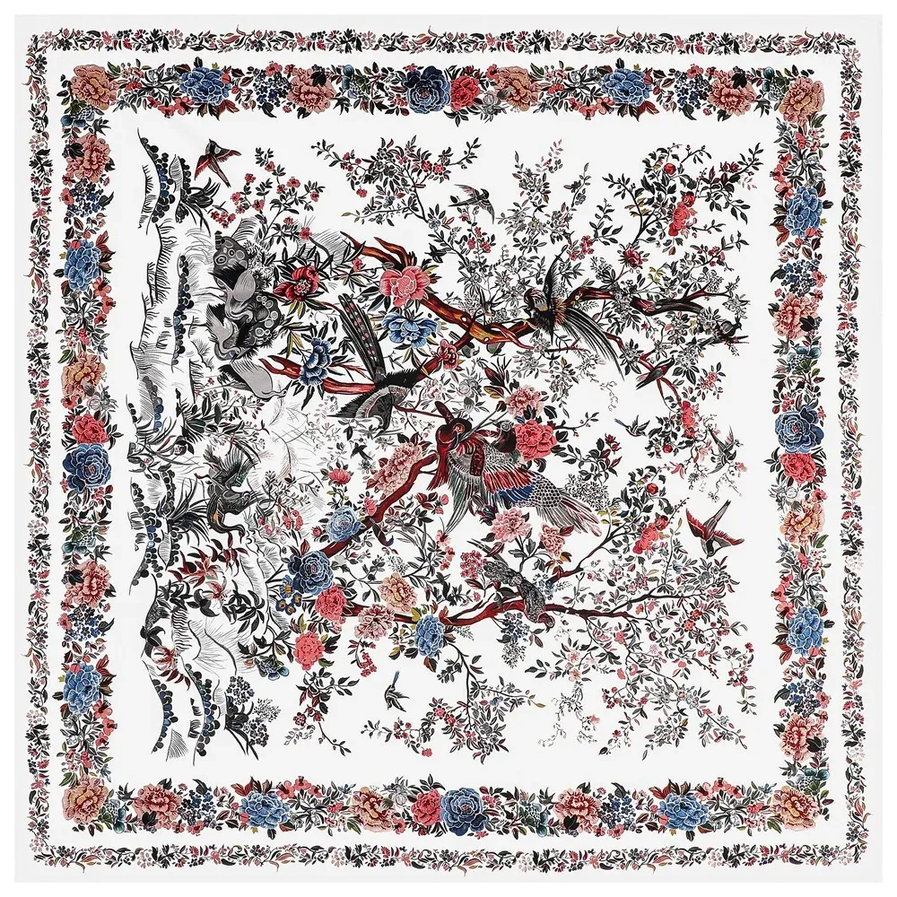 130 cm Silk Scarf Women Large Shawls Tree Birds Print Stoles Square Bandana Luxury Kerchief Hijab Female Foulards Beach Handduk 240327