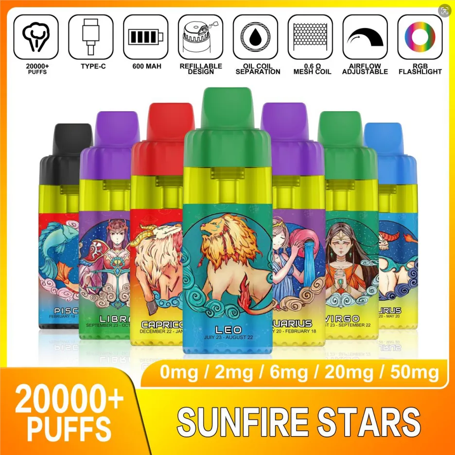 2024 Top 1 Sunfire Star DTL Open System 20000 Puffs Disposable Pod Tornado Shisha E-cigarette Bar PEN AIR AIR AIR FLOW 0% 2% 5% VIE VISIBLE REFILLable OEM Disposable Vape