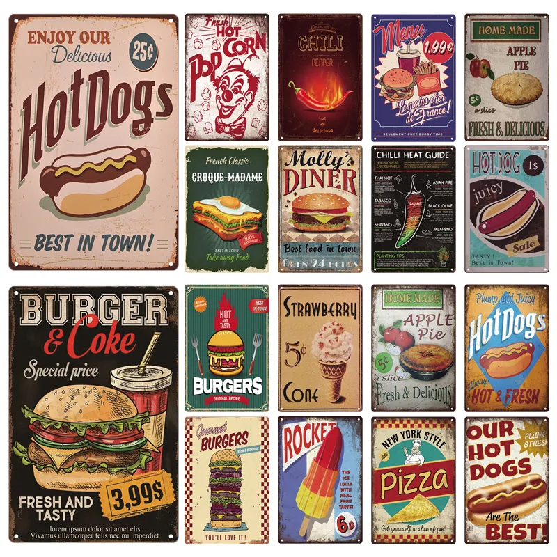 Hamburger Metal Tin Sign Fast Food Hotdogs Retro Plaque Vintage Frie Pizza Metal Plate Poster Kitchen Restaurant Shop Wall Decor