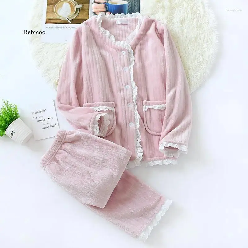 Home Clothing Rebicoo Fashion Warm Flannel Pajamas Set Women Winter Autumn Pajama Sleepwear Lace Pink Thick