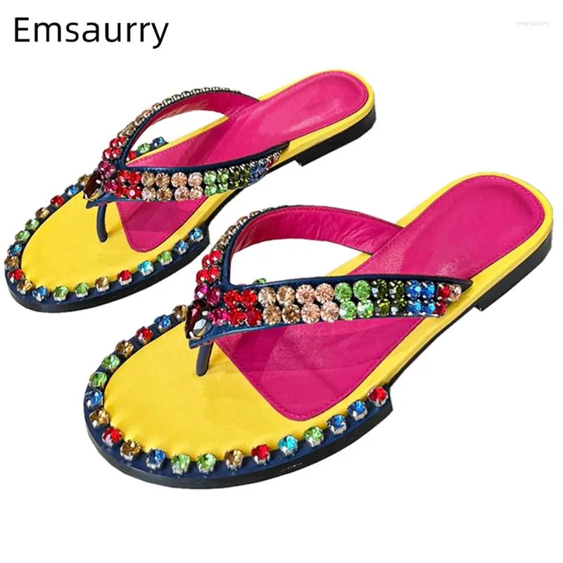 Slyckor färgglada strass flip flops för flickor sommar äkta läder platt häl multicolor outwear kvinnor