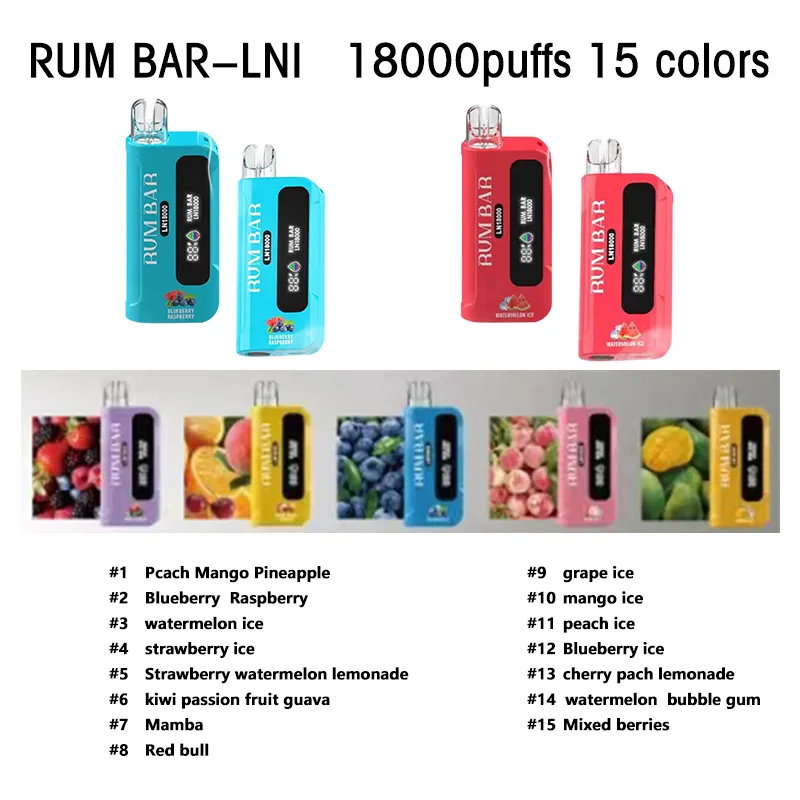 Originele wegwerp vape pen rum bar lni 18000 puffs 0% 2% 3% 5% 550 mAh 21 ml geautoriseerde 15 kleuren type-c mesh spoel pulsmodus regulier