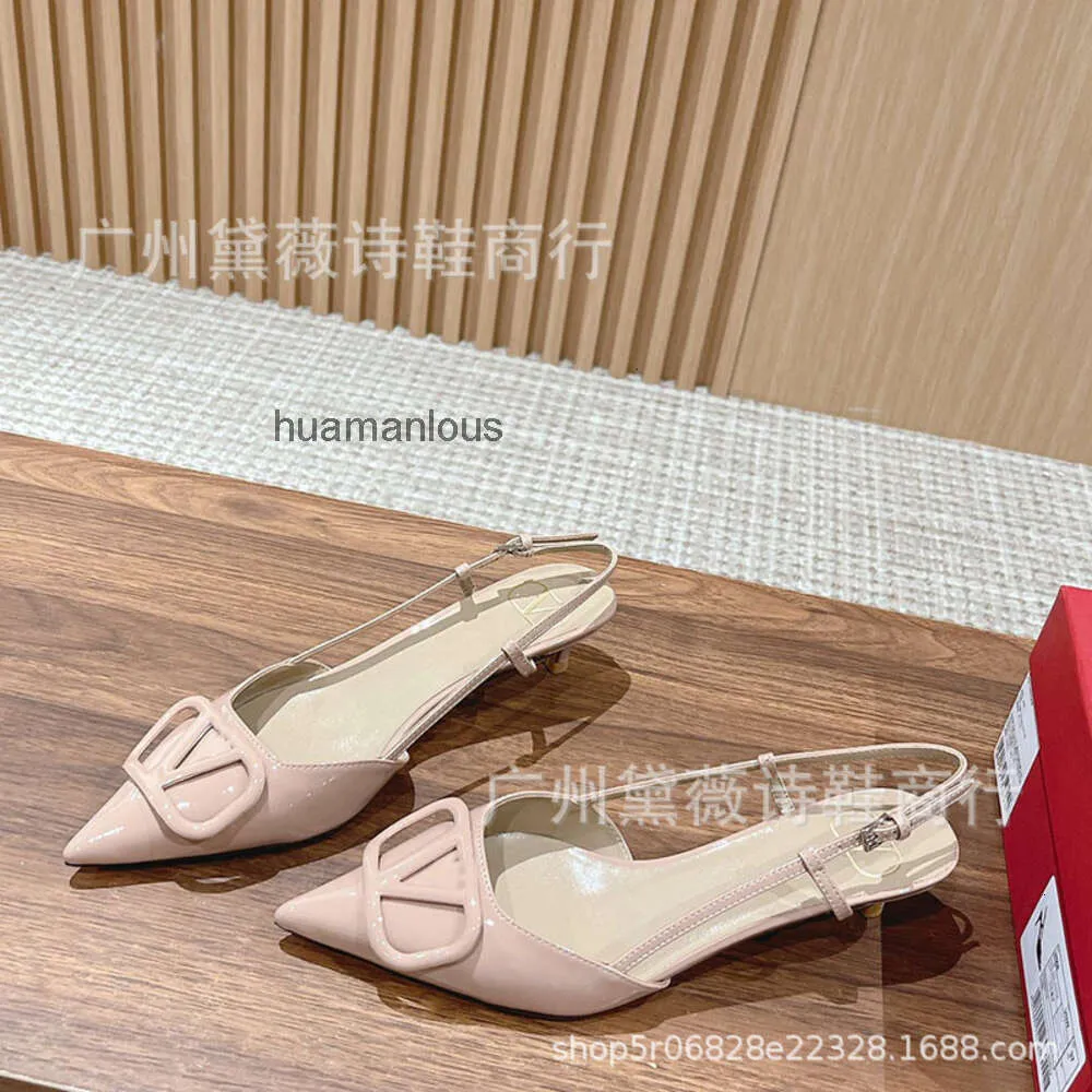 Season V-shaped Vbuckle Shallow Leather Back Fashion Evening Thin Valenstino Mouth Pointed Spring/summer Buckle Heel Strap Low Lacquer Cool Shoes Nude 2362