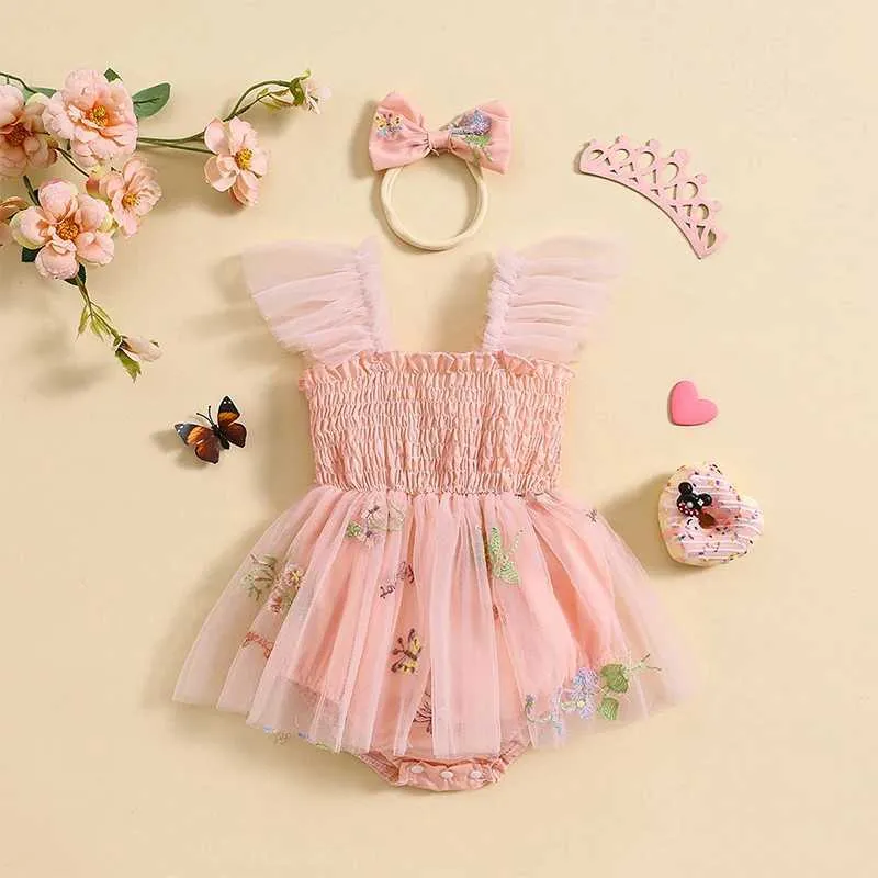 Robes de fille Baby Baby Girl Vêtements roberie d'été Fleur Broidered Mesh Tulle Rober Robe Sweet Triangle-Bottom Jumps avec bandeau