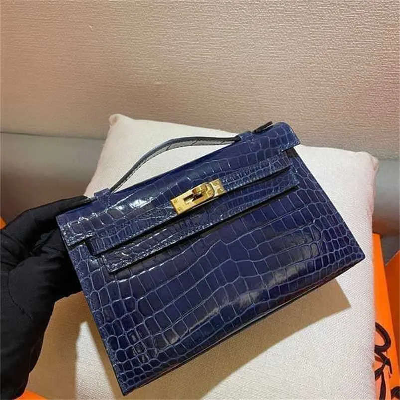 Designer Handbag Crocodile Leather 7a Quality äkta handswen -väskor sydd riktig mörk marinblå till withqqucwb