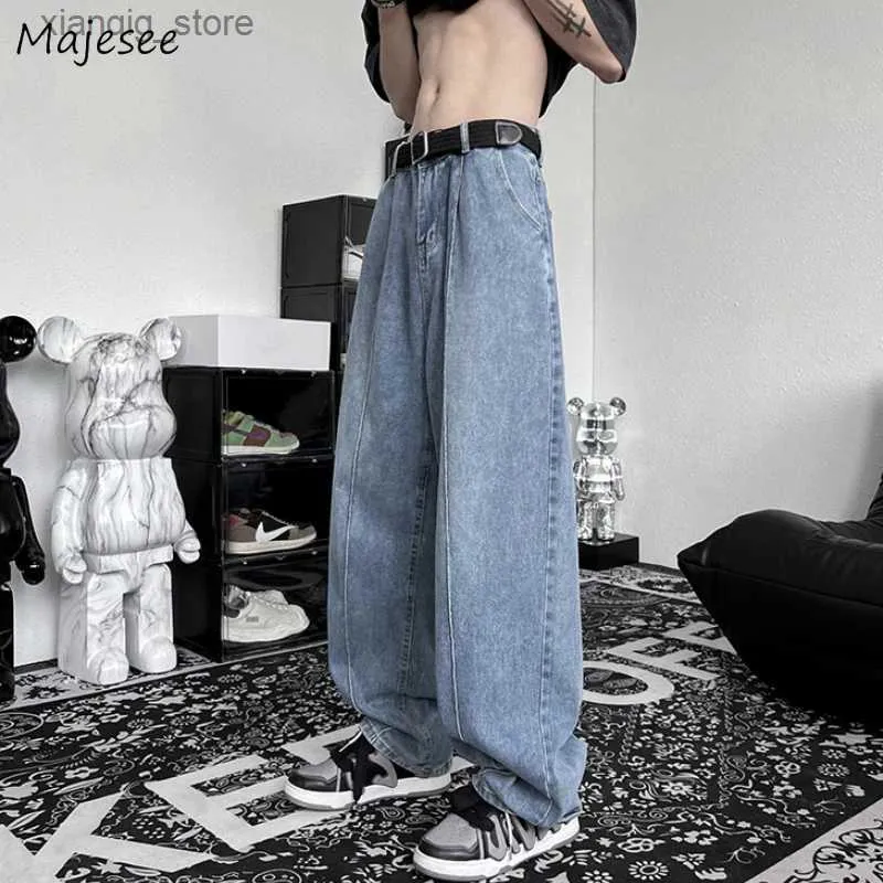 Jeans pour hommes jeans hommes rétro d'été mince zip up simplement tout-correspondant à la jambe large adolescente streetwear beau harajuku bf fashion occasionnel l49