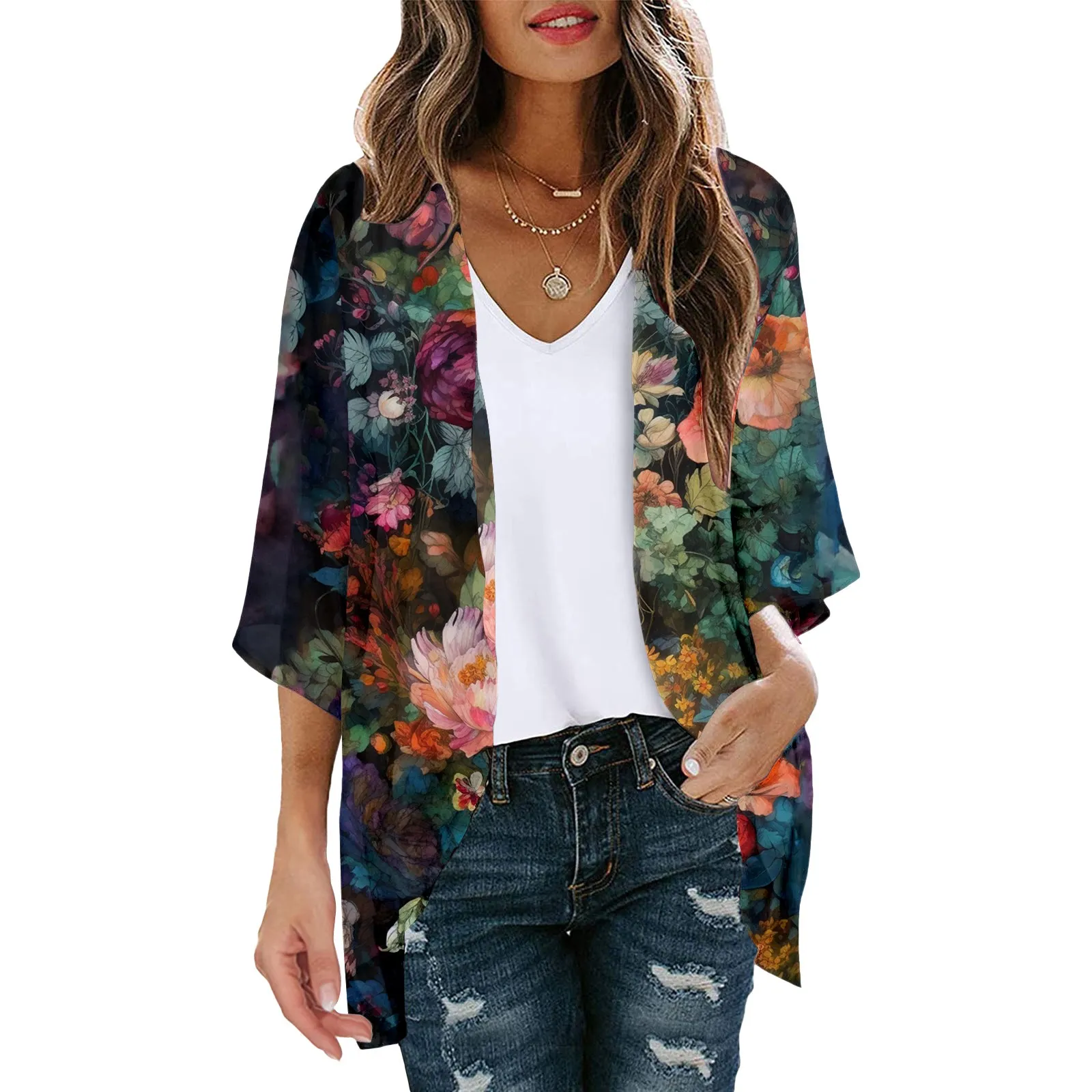 Boho Floral Print Swimsuit прикрывает легкую блузку Sarong Cardigan Tops 2023 Женские бикини