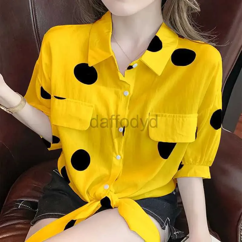 Women's Blouses Shirts Fashion Lapel Loose Bandage Bow Polka Dot Shirt Womens Clothing 2023 Summer New Oversized Casual Tops Half Sleeve Korean Blouse 240411