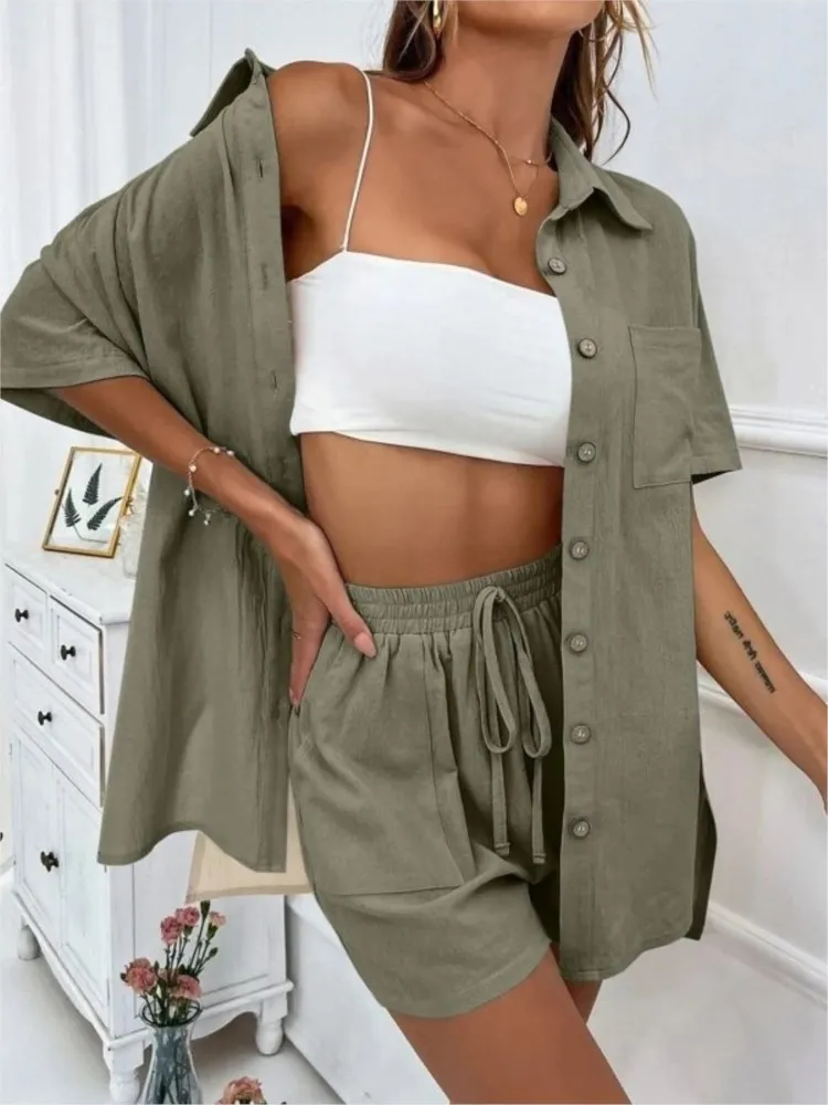 Concunto de 2 Piezas de Manga Larga Para Mujer Camiseta Holgada Indival de un Solo Pecho Trajes de Verano 2023